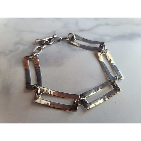 925 Sterling Hammered Silver Link Bracelet Vintage Toggle Closure - Picture 6 of 10